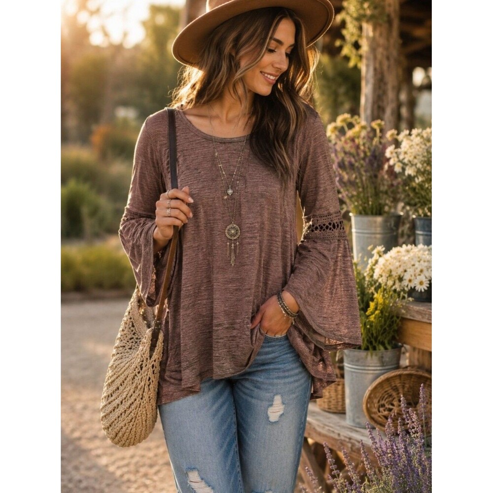 Brown Crossback Tie Tunic Open Knit Bell Sleeve Blouse M Fairycore Coquette Cott